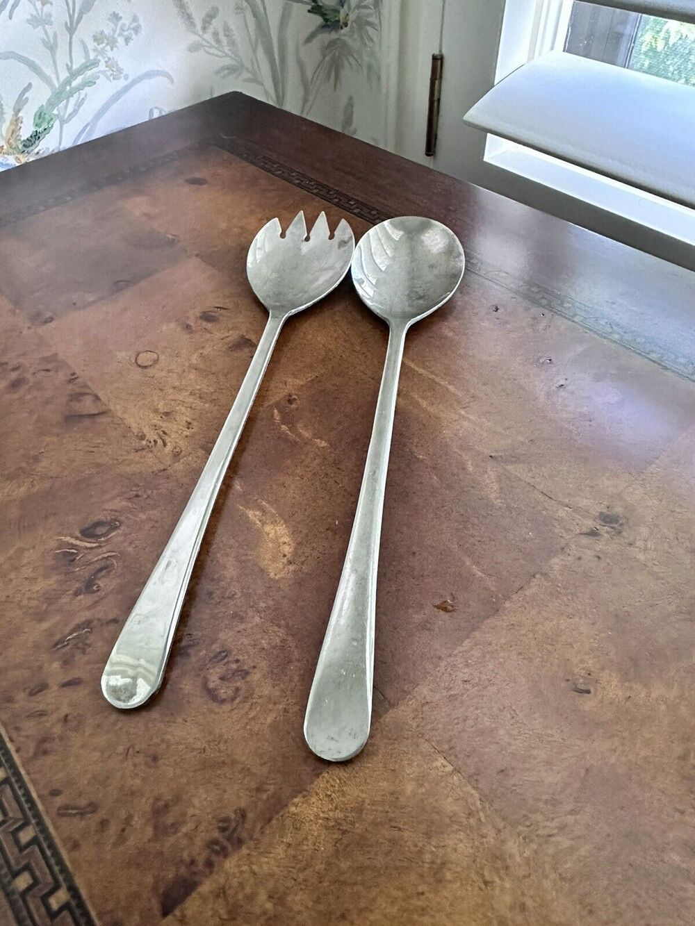 Silver-plated Salad Serving Fork & Spoon Set MCM Sheffield England 9” Vintage